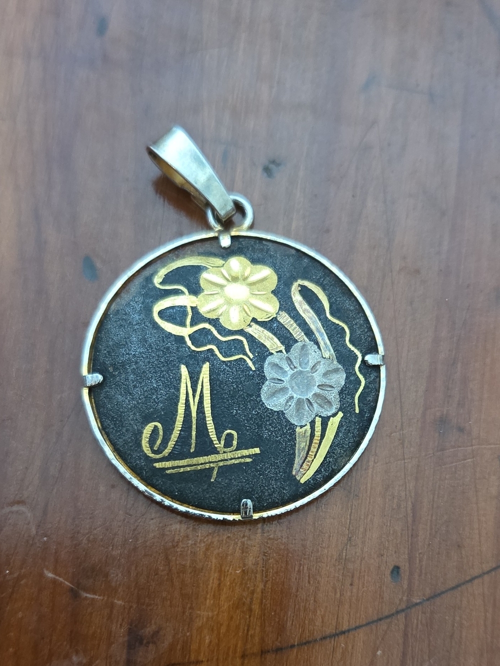 Two-Tone Floral 'M' Round Pendant Necklace - Gold & Silver